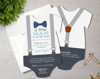 Little Man Baby Shower Invitation Boy Bow Tie and Suspenders