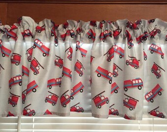 Fire Trucks Window Valance ~ 62" Wide ~ Made and Ready to Ship!