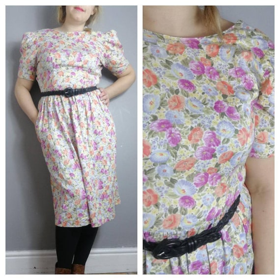 90s spring floral dress / pastel florals / 90s mom dress / cotton floral vintage dress / boho grunge dress / UK 10