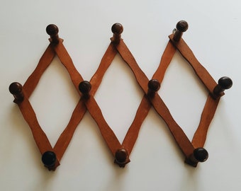 Vintage Wooden Accordion Peg Rack - Expandable Wood Coat Mug Rack - Boho Kids Room Decor
