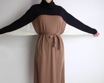 VINTAGE Colorblock Dress 1980s Batwing Black Brown Large