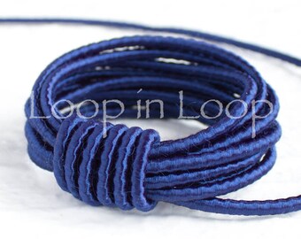 Navy Blue SILK cord, Wrapped Silk Satin Cord rope 3.5 mm thick, organic natural hand spun silk, polyester core, for Jewelry