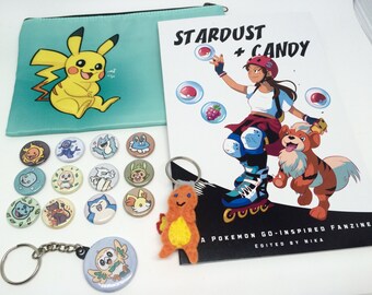 Pokemon Stocking Stuffer Gift Pack - Pokemon Go Pikachu pouch Pokemon starters buttons Charmander keychain Rowlet keychain