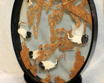 Vintage Large Oval Asian Cork and Shell Sculpture Trees Cranes Birds