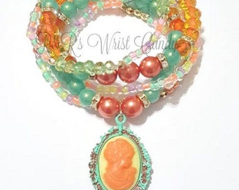 Colorful Cameo ,Bright,Gold, Spring, Bracelet, Stack, Stretchy, Womens Jewelry, Boho, Handmade Custom Beaded Jewelry, Mothers Day