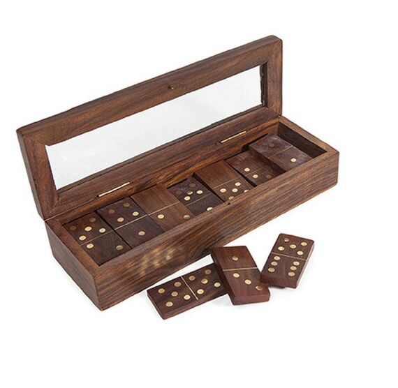 Handmade Wooden Dominoes Gift Set With A Glass Lid Box Antique