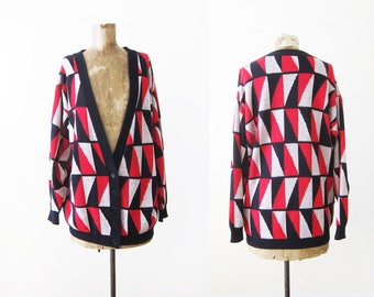 Vintage Cardigan - Grunge Cardigan - Geometric Print Sweater - Grandpa Cardigan - Baggy Cardigan - Slouchy Sweater - Mens Cardigan L