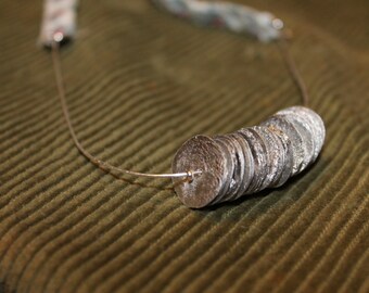 silver disc necklace, textured aluminium circles, choker necklace, textile choker