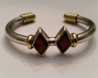 Vintage Taxco Bracelet Sterling Silver Cuff Mexico Brass/Gold Wire Black Red Inlay 27 grams