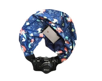 Reversible navy Blue Little Mermaid Camera Strap with Lens Pocket - The Original Camera Scarf With Pocket