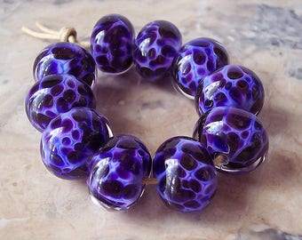 Handmade Lampwork Glass Beads (5 pcs) - Periwinkle Blue, Dark Violet. Lampwork Rondelle Bead Set. Organic Lampwork Beads. Made to order.
