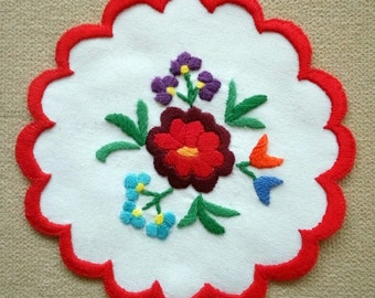 Hand embroidered 5.5" Kalocsa doily, table linen ornament. Hungarian embroidery