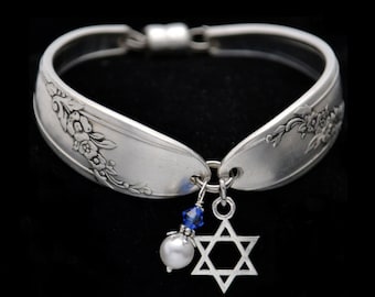 Spoon Bracelet Star of David Charm Vintage Silverware Bridesmaid Religious Jewelry Birthstone Bracelet Gifts For Her