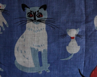 Cats Novelty Print Hanky by Tammis Keefe - 1950s Handkerchief - Pink Blue White - Feline Kitty Cat - Poor Condition - Frameable - 47500