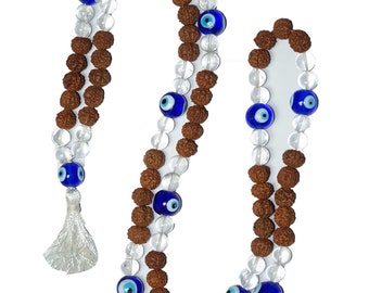 Reiki Crystal Quartz Stone Evil Eye Buddhist Energy Beads Mala Healing Necklace Yogamala Rudraksha 108+1