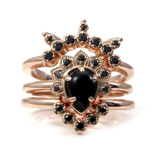 Pear Onyx and Black Diamond Asteroid Engagement Ring Set - 14k Rose Gold