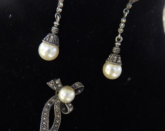 Sterling silver, maracite and faux pearl drop earrings and classic bow brooch