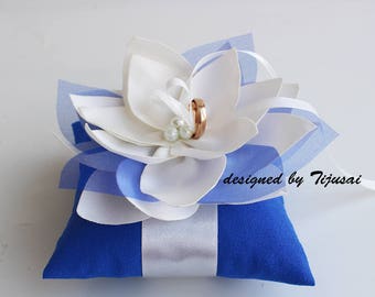 Wedding pillow with blue acents and Lily flower---ring bearer pillow, wedding rings pillow , wedding pillow, ready to ship