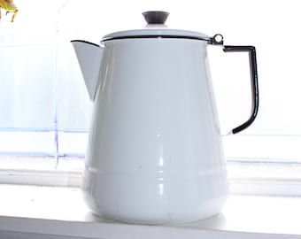 Vintage White Enamelware Coffee Pot Rustic Farmhouse Decor