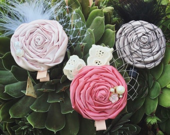 Satin rolled flower clips