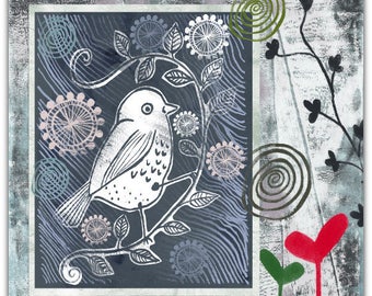 Hand-cut 'Mon Petit Oiseau' card 15cm x 15cm with envelope.