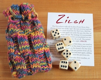 Zilch dice game with handknit bag