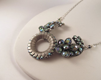 Vintage Iridescent Brooch Necklace, Statement Necklace, Bib Necklace