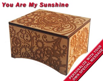 Windup Steampunk Music Box, "You Are My Sunshine", Laser Engraved Birch Wood