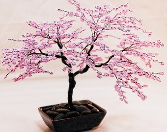 Lilac Beaded Bonsai Wire Tree Sculpture