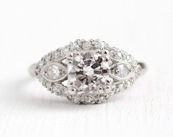 Art Deco Engagement Ring - Vintage Platinum 1.29 CTW Diamond Ring - 1930s Size 6 1/4 Vintage Fine Halo Brilliant Cut Jewelry , w/ Appraisal