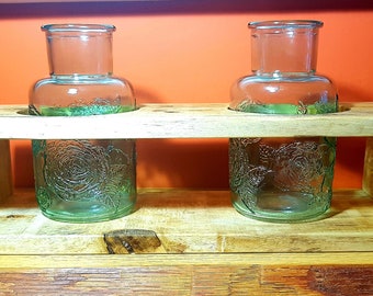 Recycled wood Vase stand with 2 vases.