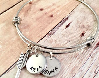 Mothers Bracelet, Name bracelet, Arrow bangle bracelet, Personalized Jewelry, Adjustable bangle bracelet, My Tribe bracelet, Mothers Day