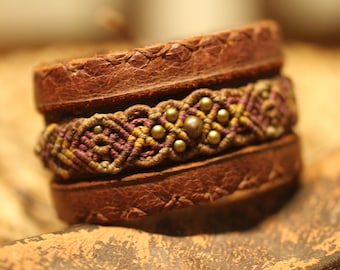 Handmade leather and macramé bracelet unique design with brass beads.