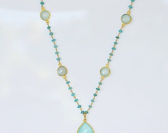 Aqua Chalcedony necklace, long necklace, rosary necklace, Apatite wire wrapped necklace, Seafoam Gemstone necklace, chalcedony pendant
