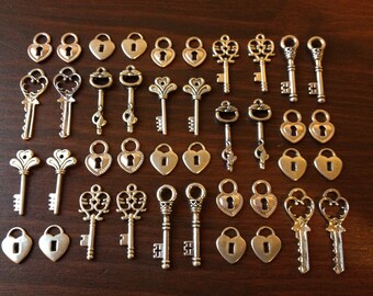 Lock & Key - Skeleton Keys and Locks - 50 x Antique Silver Skeleton KeyCharms and 50 Small Heart Lock Charms