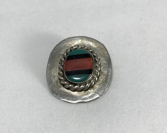Vintage Sterling Silver Turquoise Black Onyx and Coral Pendant