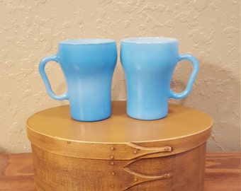 Vintage Fire King aqua blue coffee cups. Blue Fire King mugs, vintage mugs, vintage coffee cups