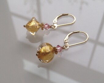 Murano Glass Earrings "Dangling Gold". Leverback. Murano Jewelry. Italian Jewelry. Murano Glass Jewelry