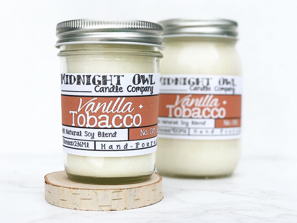 Vanilla Tobacco Scented Candle Mason Jar Candle 8oz or 16oz