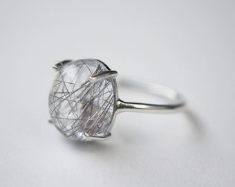 Tourmalinated Quartz Cabochon Ring in sterling silver - sterling silver quartz ring - tourmalinated quartz ring - rutilated quartz ring