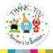 Monster Birthday, Party Personalized Thank you Birthday PRINTED round Stickers, tags, Labels or Envelope Seals , Monster Birthday A658