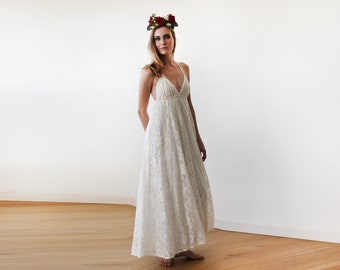 Beach Wedding Gown, Maxi Lace V-neck Beach Wedding Dress, Minimalist maxi lace bridal gown 1140