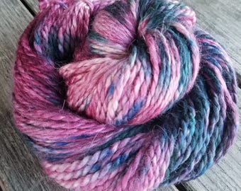 100% Baby Alpaca, Bulky Hand dyed yarn - Wine and Pine, Chunky, super soft, speckled, pink and green yarn