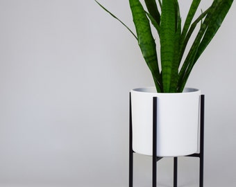 Mid Century Modern Metal Plant Stand - Planter Set - Indoor - Outdoor - Ceramic Pot