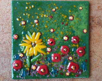 Fused Glass Flowers Accent Wall Tile, Handmade