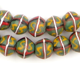 48 Green King Beads - African Trade Beads - Glass Trade Beads - African Glass Beads - Bicone Beads - Made in Ghana ** (KNG-BIC-GRN-102)