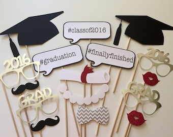 2018 Now Available Graduation Photo Booth Props . Class of 2016 . Glitter and Metallic . Silver . Set of 16