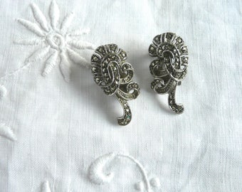 Silver marcasite earrings - mid century silver and marcasite earrings - clip on silver marcasite earrings