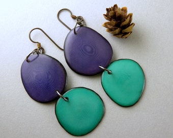 Grape Purple and Teal Tagua Nut Eco Friendly Earrings with Free USA Shipping #taguanut #ecofriendlyjewelry