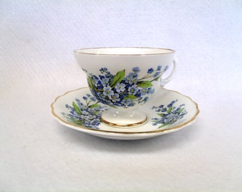 Rosina Bone China Teacup and Saucer Set, with Forget-me-nots, Gold Trim
